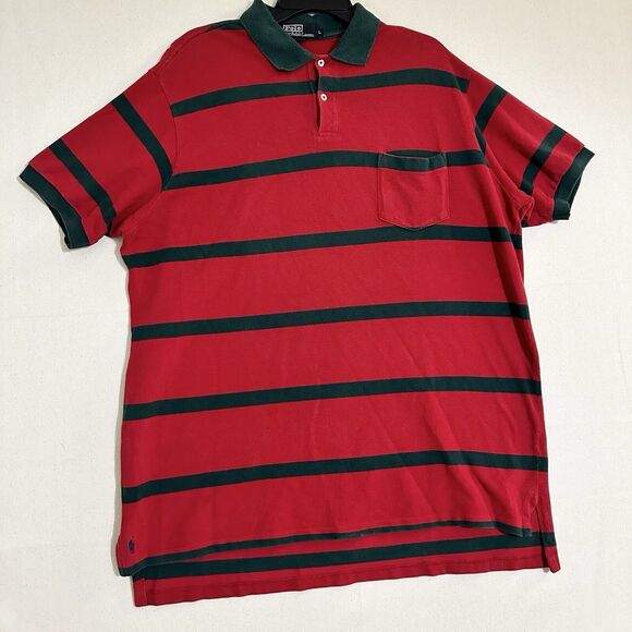 Polo Ralph Lauren Striped Polo Shirt Short Sleeve Button Up Mens L Black Red - Picture 1 of 8